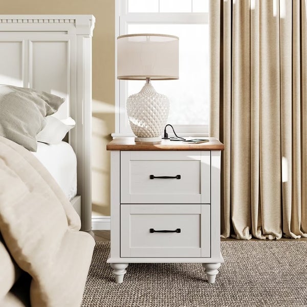 Mid Century End Table Nightstand with Drawer and Charging Station， White