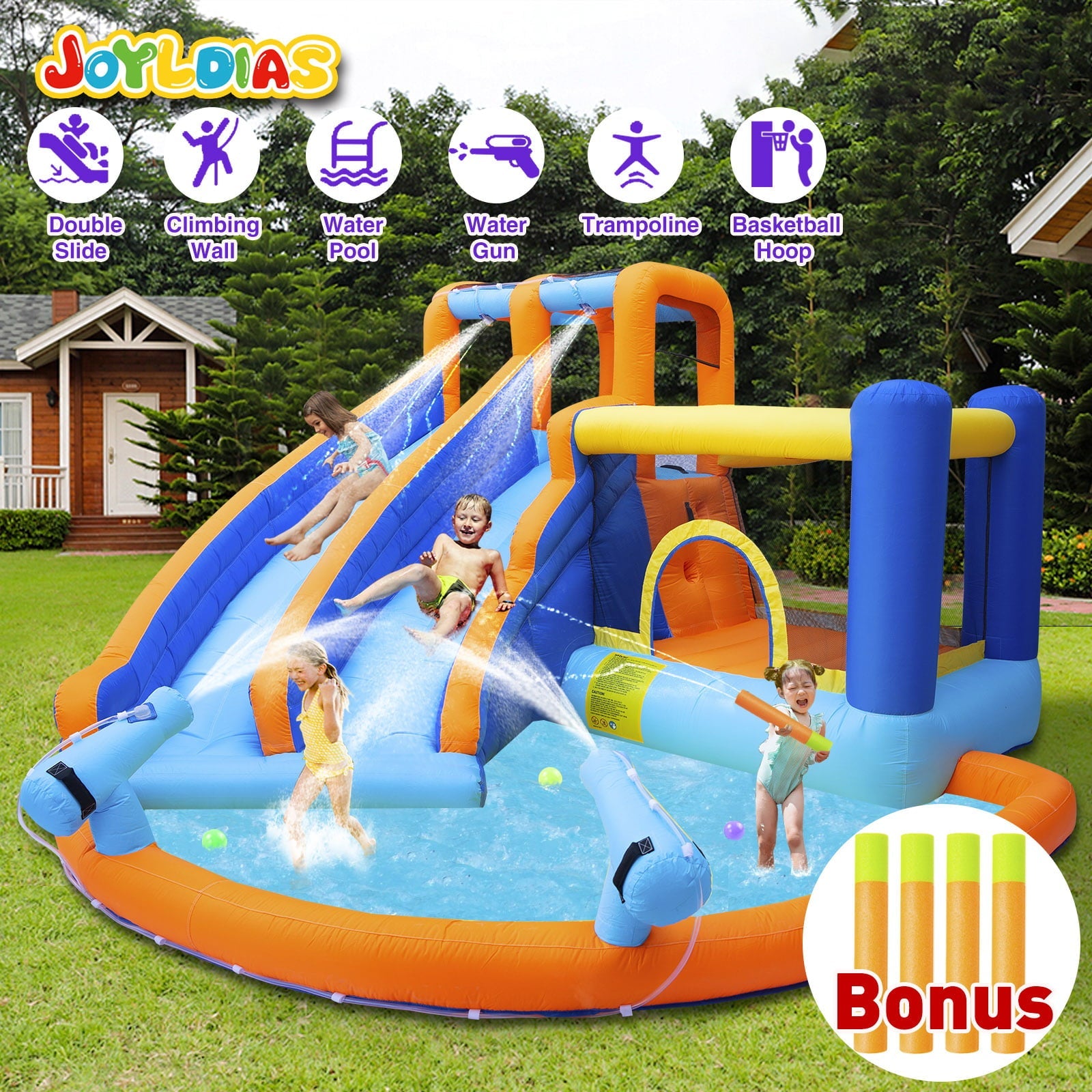 JOYLDIAS Kids Inflatable Water Slide Giant Water Park Double Slide Bouncer Playhouse Castle with 4 Water Guns, Pool, Jump Area, Climbing Wall, Air Blower