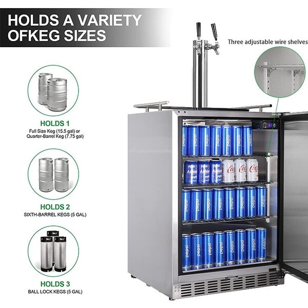 YUKOOL Dual Tap Kegerator， Beer Beverage Dispenser， Beer Cooler Dispenser 5 Gallons， Full Size Keg， 1/4 Keg， 1/6 Keg