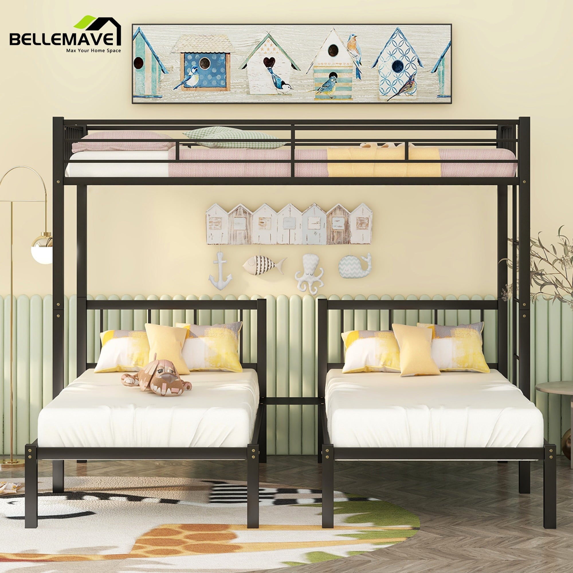 Bellemave Metal Triple Bunk Bed with Ladder, Twin over Twin over Twin Bunk Bed for Kids, Boys & Girls in Bedroom, Convert into 3 Twin Bed, Black