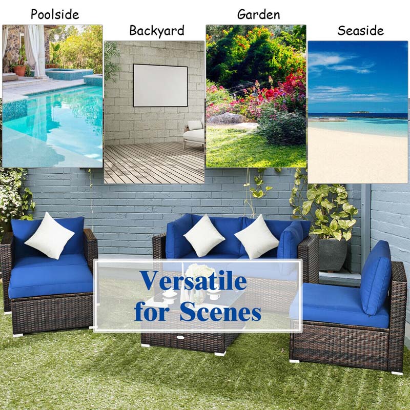 6 Pcs Patio Rattan Sectional Furniture Set Outdoor Conversation Sofa Set with Cushions