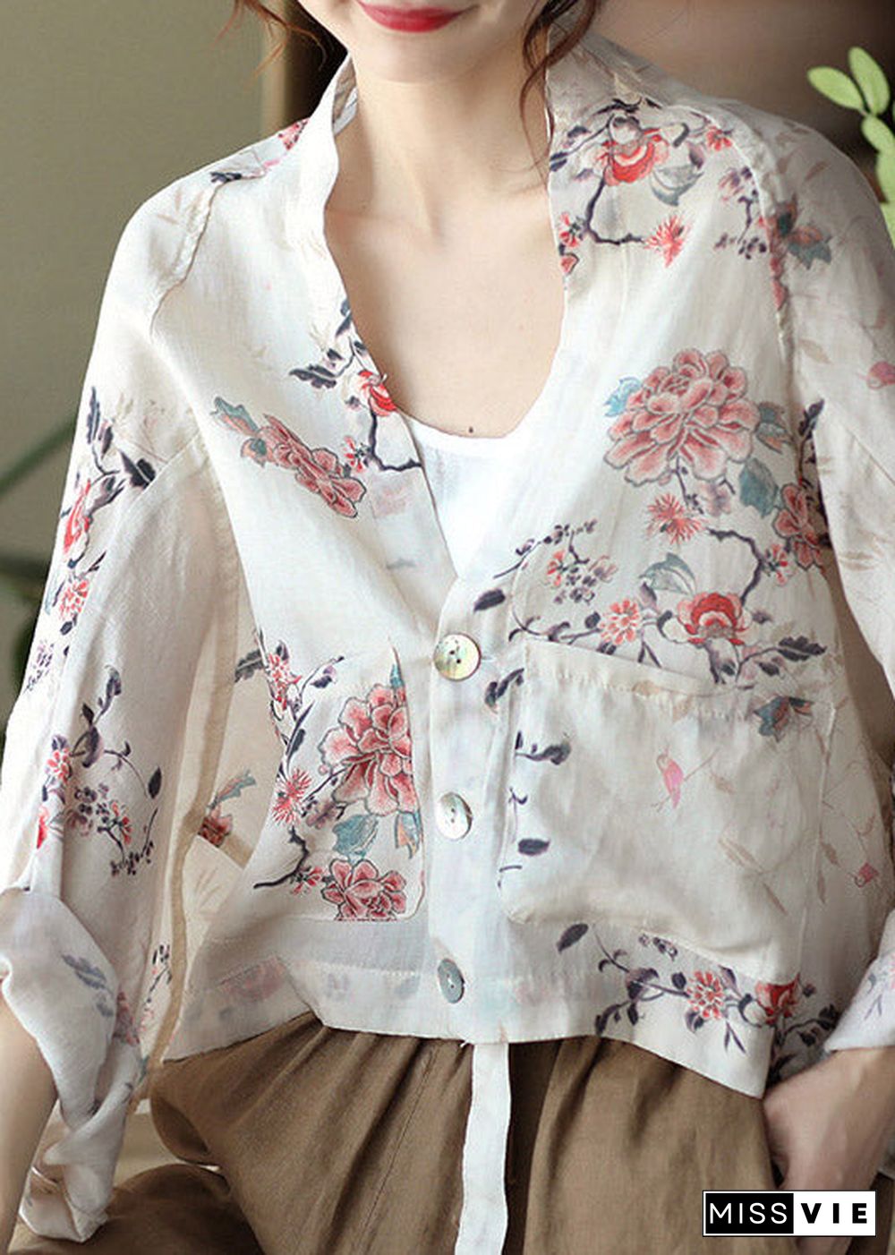 Handmade White V Neck Print Button Linen Shirt Batwing Sleeve