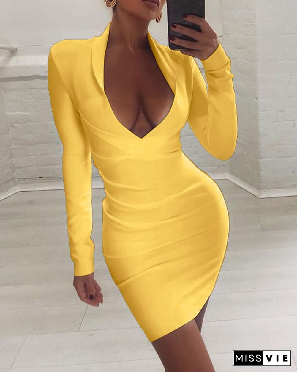 Solid Long Sleeve Plunge Ruched Bodycon Dress