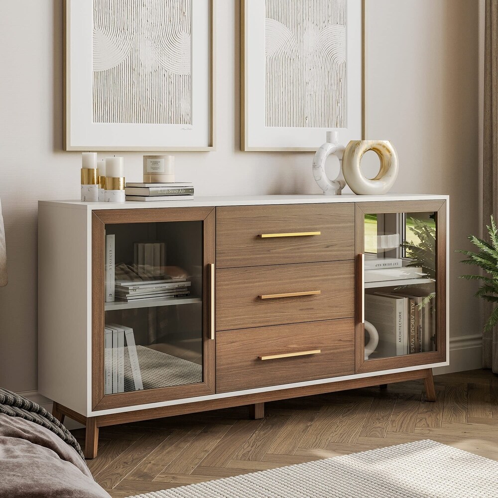 Sideboard Buffet Cabinet with 3 Drawers   2 Doors  Kitchen Console Table  Glass Storage Cabinet Coffee Bar Accent Cabinet