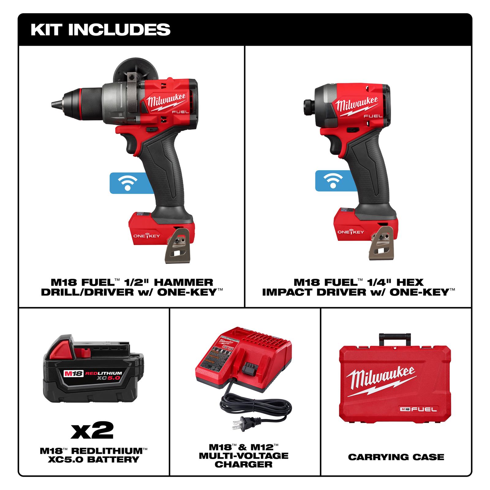 Milwaukee Tool 3696-22 Milwaukee M18 FUEL 2-Tool Hammer Drill and Impact Driver with ONE-KEY Combo Kits