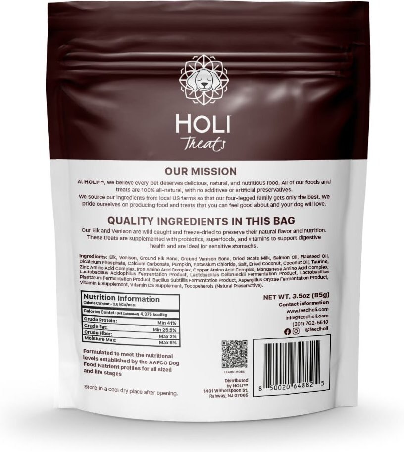 HOLI All Natural and Wild Caught Elk and Venison Meat Dog Freeze Dried Treat， 3-oz bag