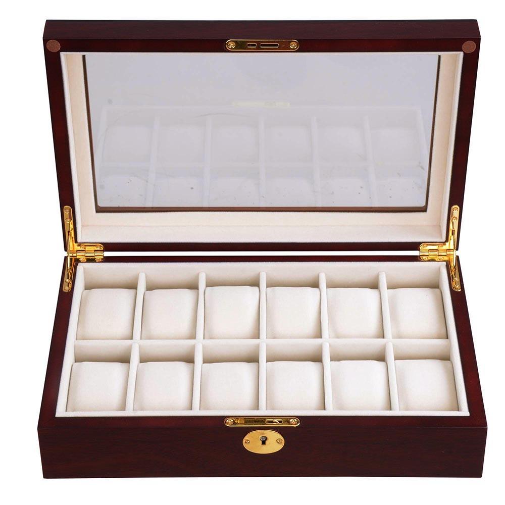 12-Slot Walnut Matte Finish Wood Watch Display Case