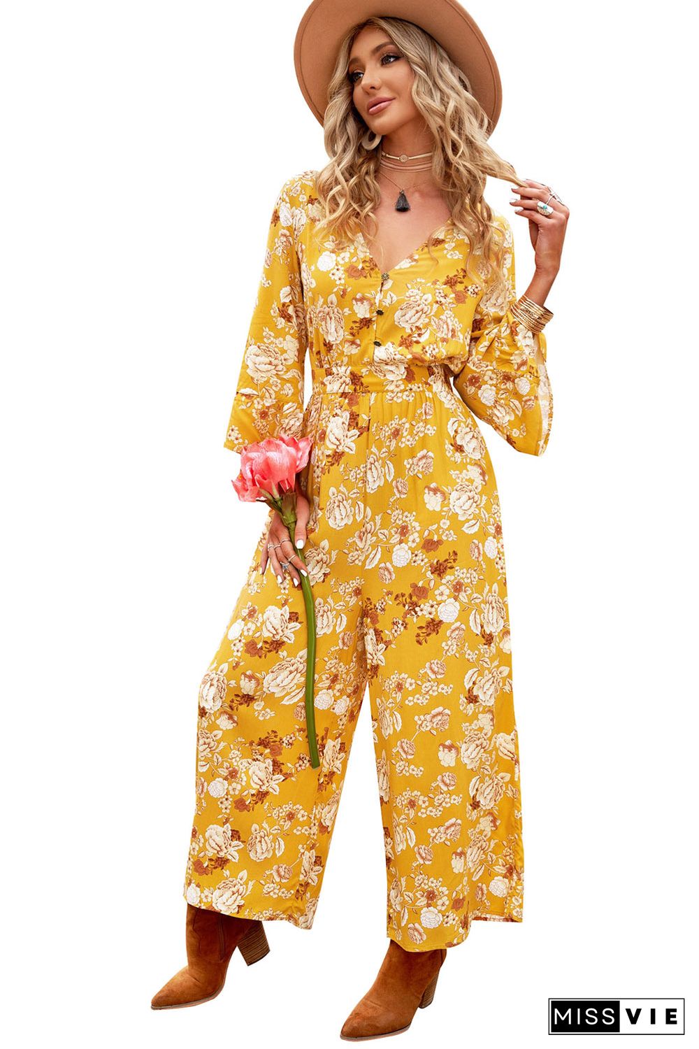 Yellow Floral Print Wide Leg Buttons V Neck Jumpsuit