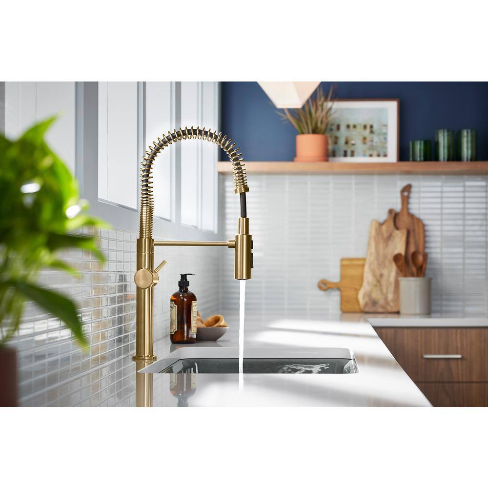 KOHLER Crue Single-Handle Pull-Down Sprayer Kitchen Faucet in Vibrant Brushed Moderne Brass 22973-2MB