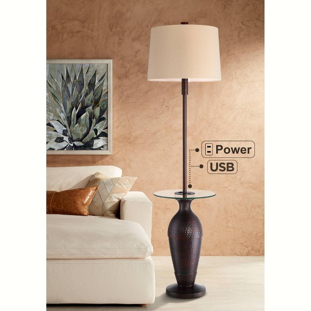 Tall Bronze Hammered Usb And Outlet Oatmeal Shade For Living Room Bedroom Office