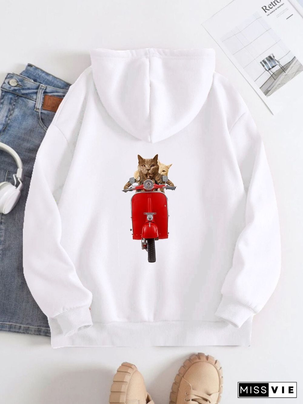 Printed on the Back Kangaroo Pocket Hoodie Long Sleeve for Women Pattern  Cat Riding a Motorcycle