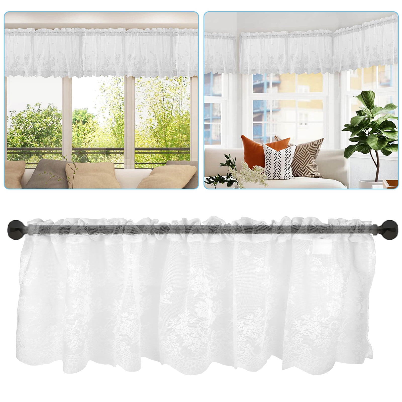 51x16'' Short Curtains, TSV Rod Pocket White Lace Curtains for Kitchen Bedroom Small Windows Short Curtain Tiers Floral Embroidered Semi Sheer Curtain Valance