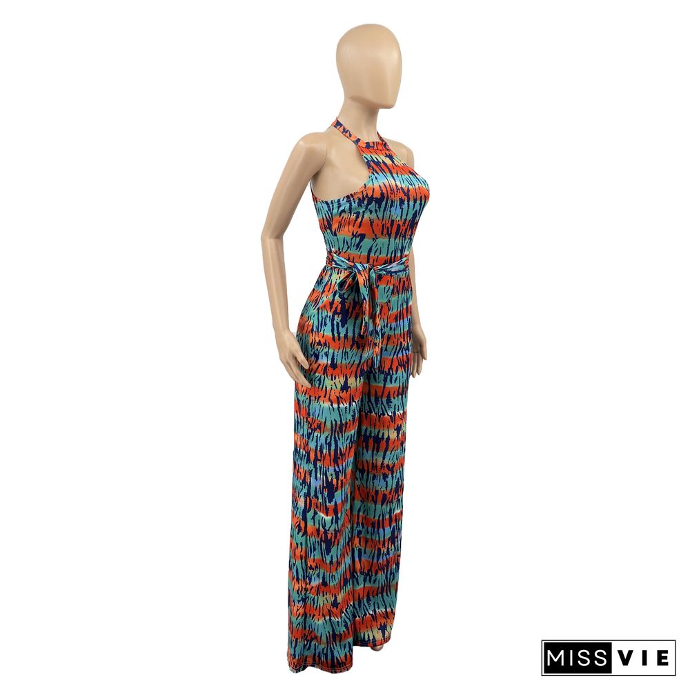 Summer Tie Dye Printed Woman Sleeveless O Neck Sashes One Piece Wide Leg Jumpsuit