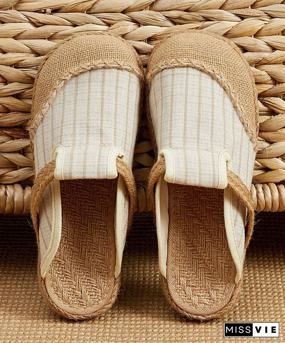 Fitted Slippers Shoes Beige Striped Cotton Linen Fabric