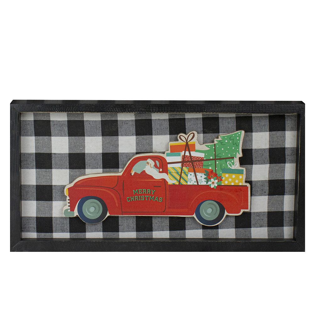 16” Black and White Buffalo Plaid Santa Farm Truck Wooden Christmas Plaque