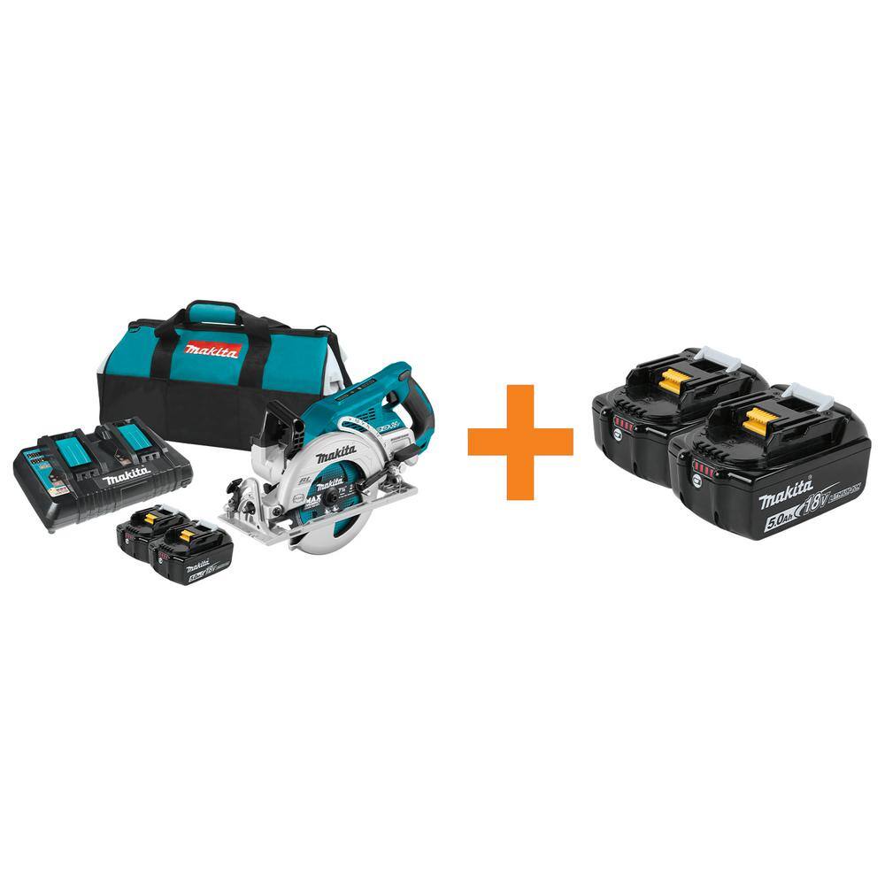 Makita 18V X2 LXT Lithium-Ion (36V) Brushless Cordless Rear Handle 7-14 in. Circular Saw wBONUS 5.0Ah Battery 2 Pack XSR01PTBL1850B2