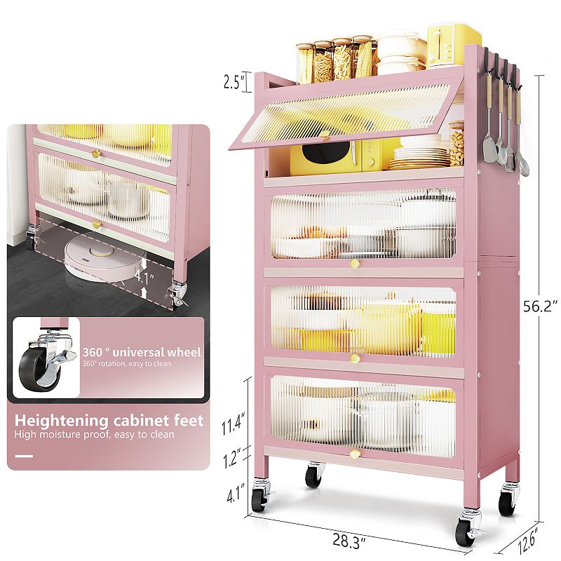 56.2 Tall Kitchen Storage Cabinet， 5 Tier Pantry Cabinet， 4 Door Accent Cabinet， Pink