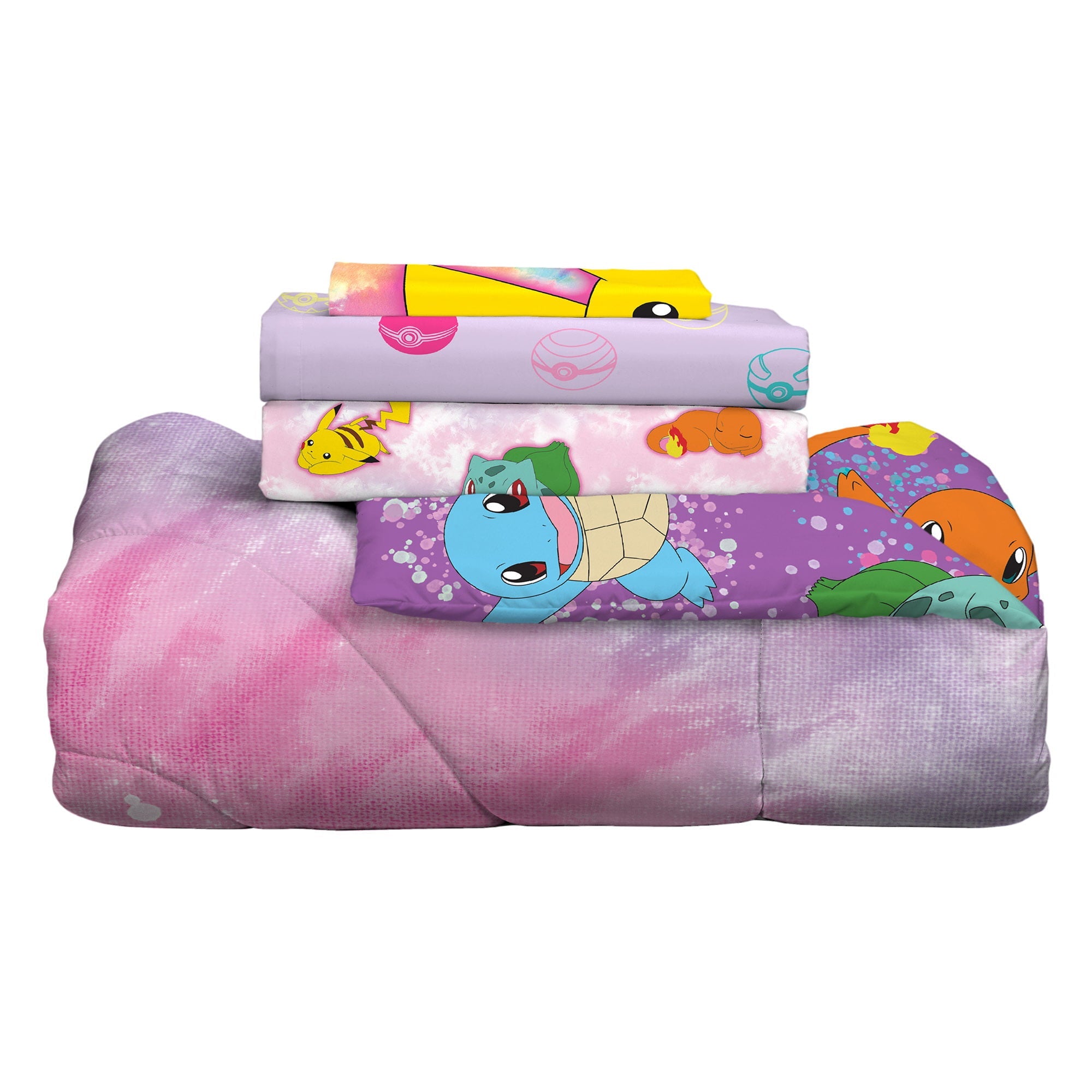 Pokémon Kids Twin Bed in a Bag, Tie-Dye, Gaming Bedding, Comforter and Sheets, Purple