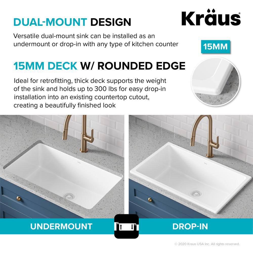 KRAUS Turino White Fireclay 29.88 in. Single Bowl Drop-InUndermount Kitchen Sink KFD1-30GWH