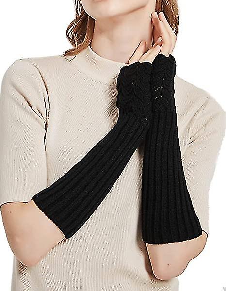 Women's Scale Design Winter Warm Knitted Long Arm Warmers Gloves2setgray + Black