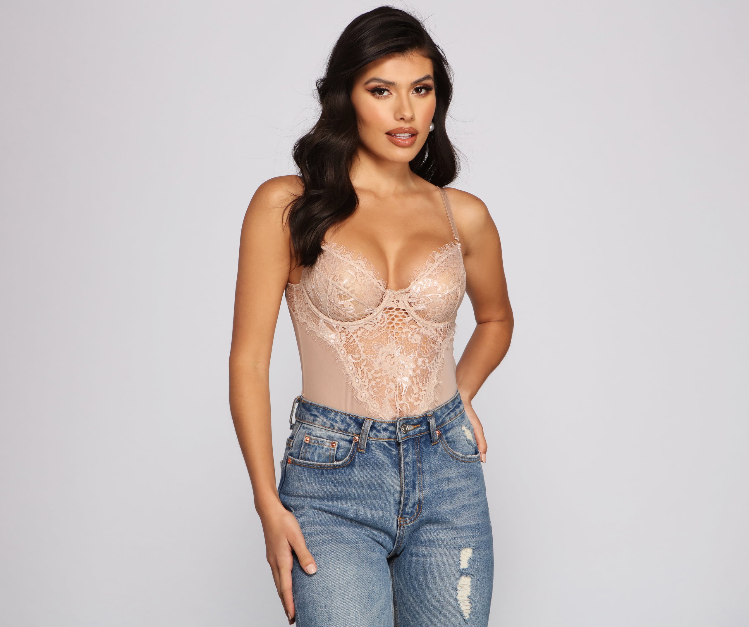 Sultry-Chic Eyelash Lace Bustier Bodysuit