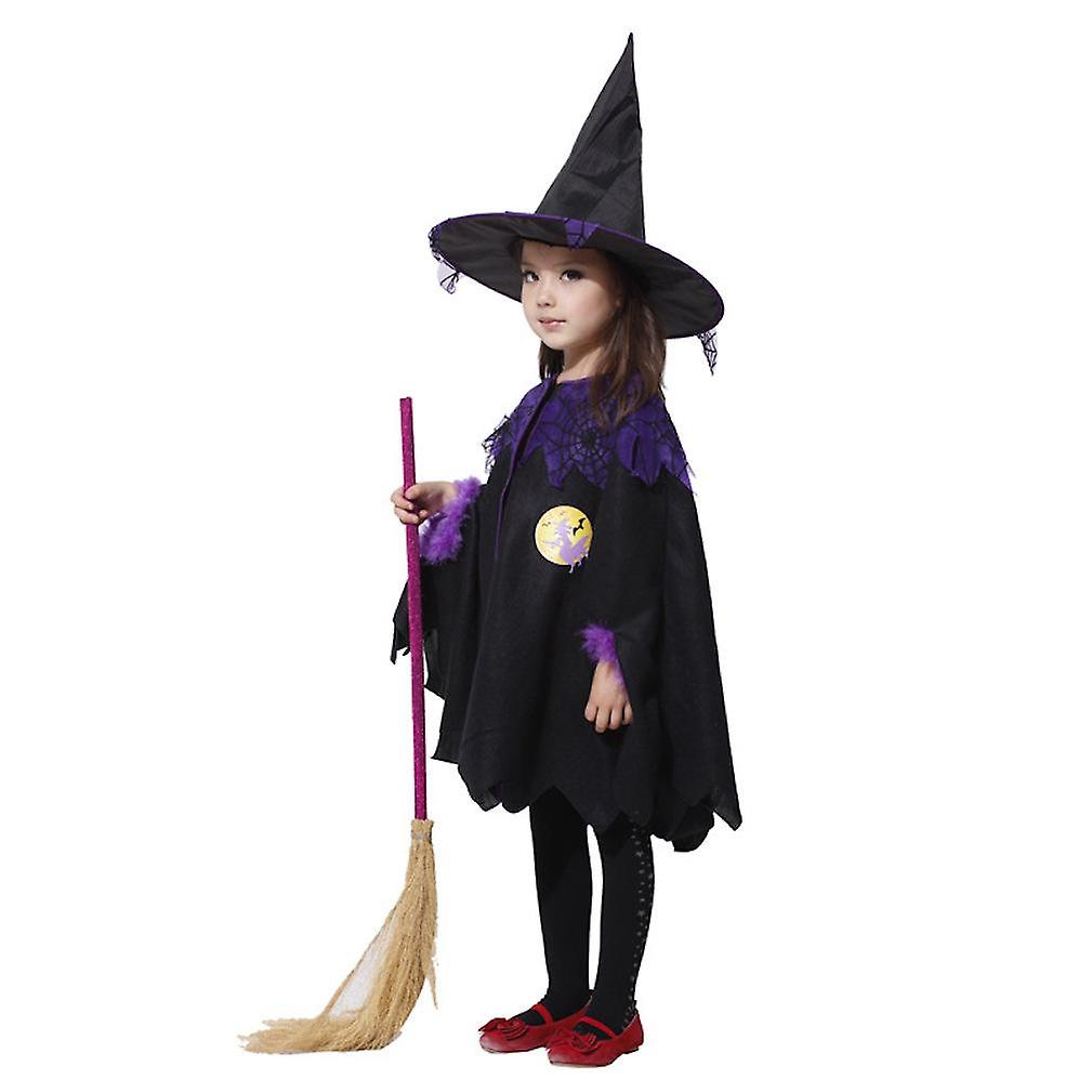 2 Pcs Kids Cosplay Witch Poncho Set Halloween Cape And Hat Show Costume