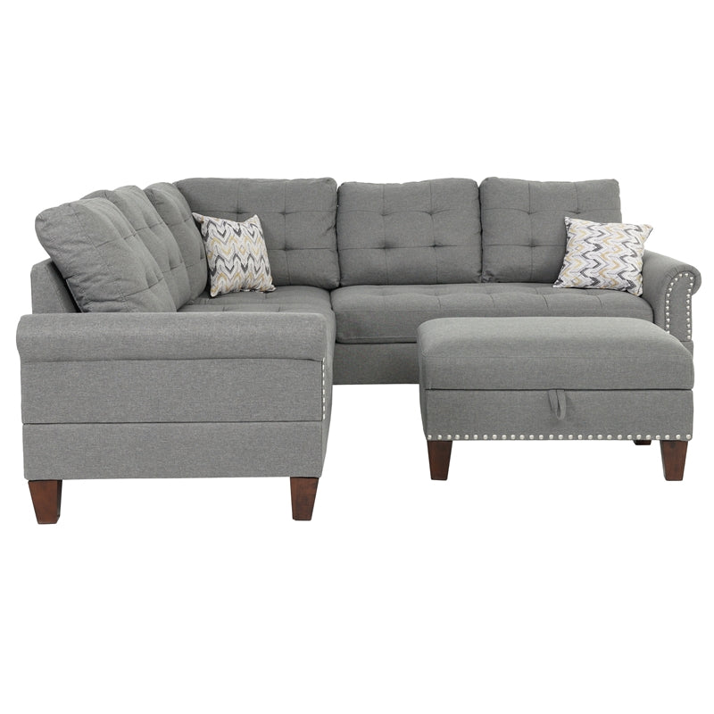 Poundex 3 Piece Fabric Sectional Sofa Set with Storage Ottoman in Gray