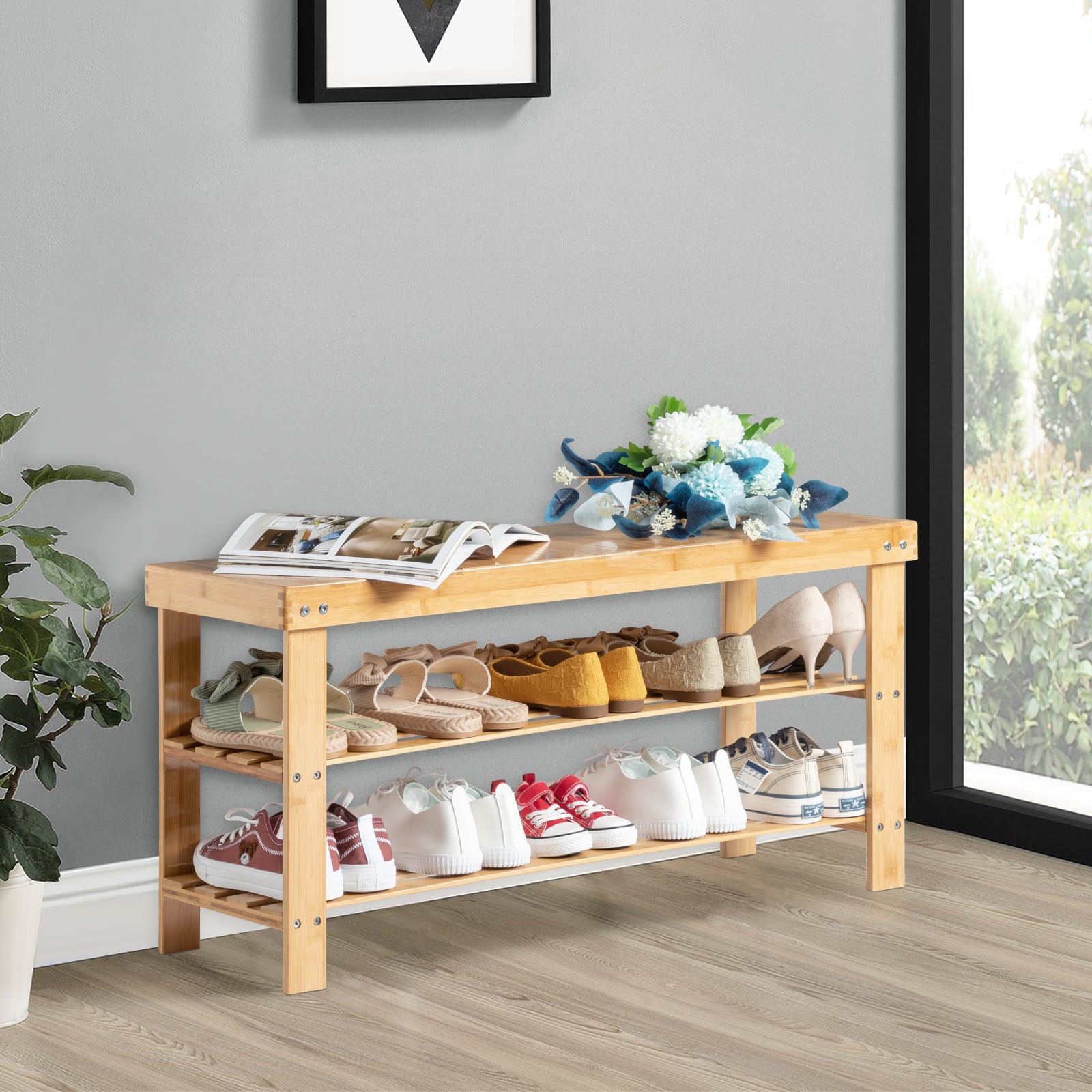 Ktaxon Natural Shoe Rack Bamboo Wood Shoe Bench Entryway Storage Bench Organizer for Closet Hallway Bedroom Living Room Dorm