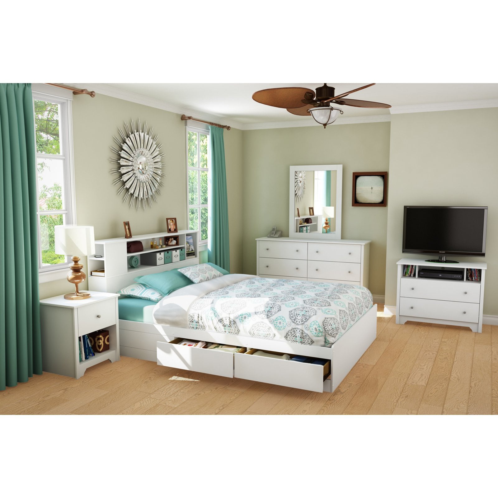 South Shore Vito Queen Mates Bed with Drawers and Bookcase Headboard Set