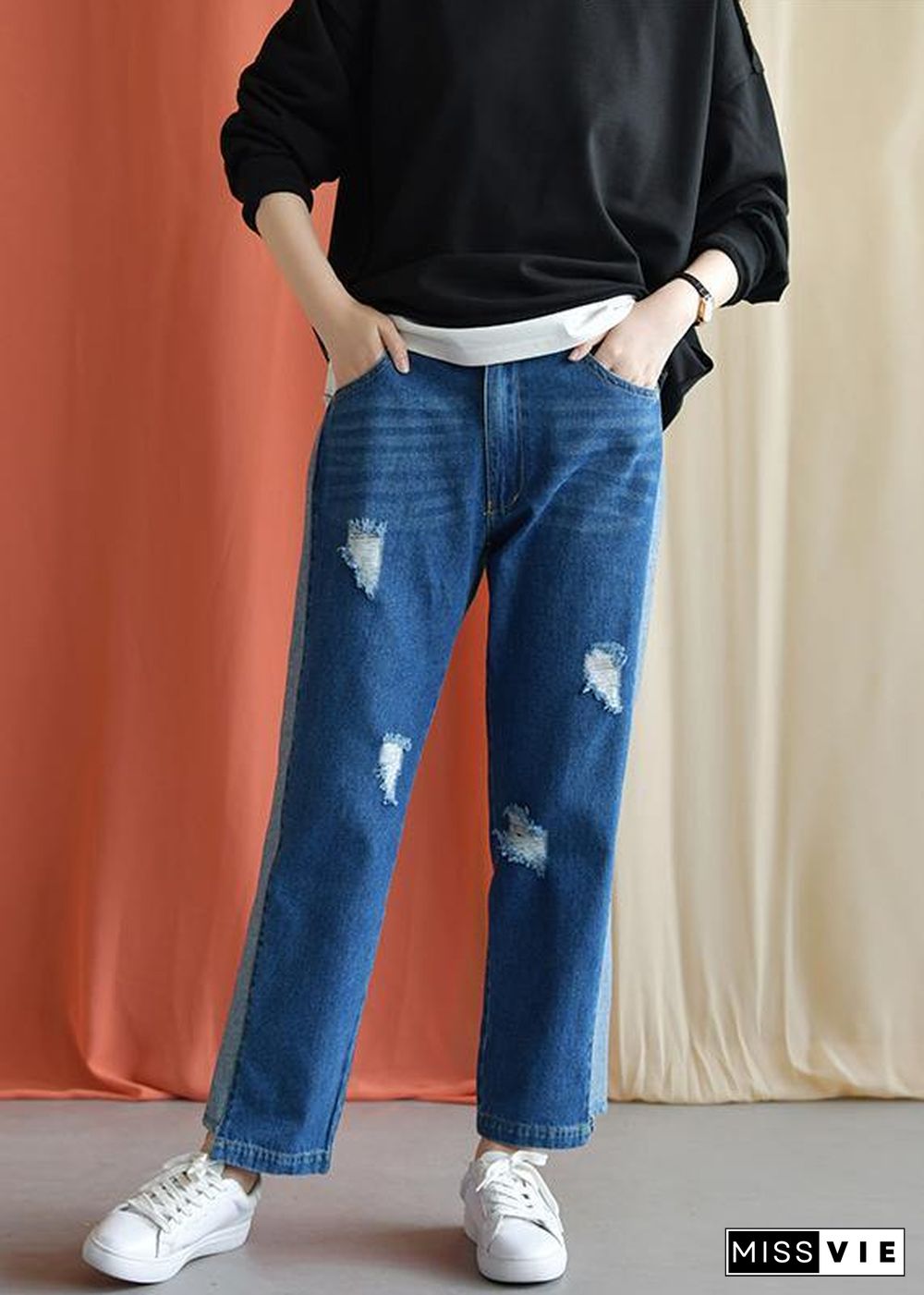 2019 autumn casual patchwork pants women elastic waist ripped jeans