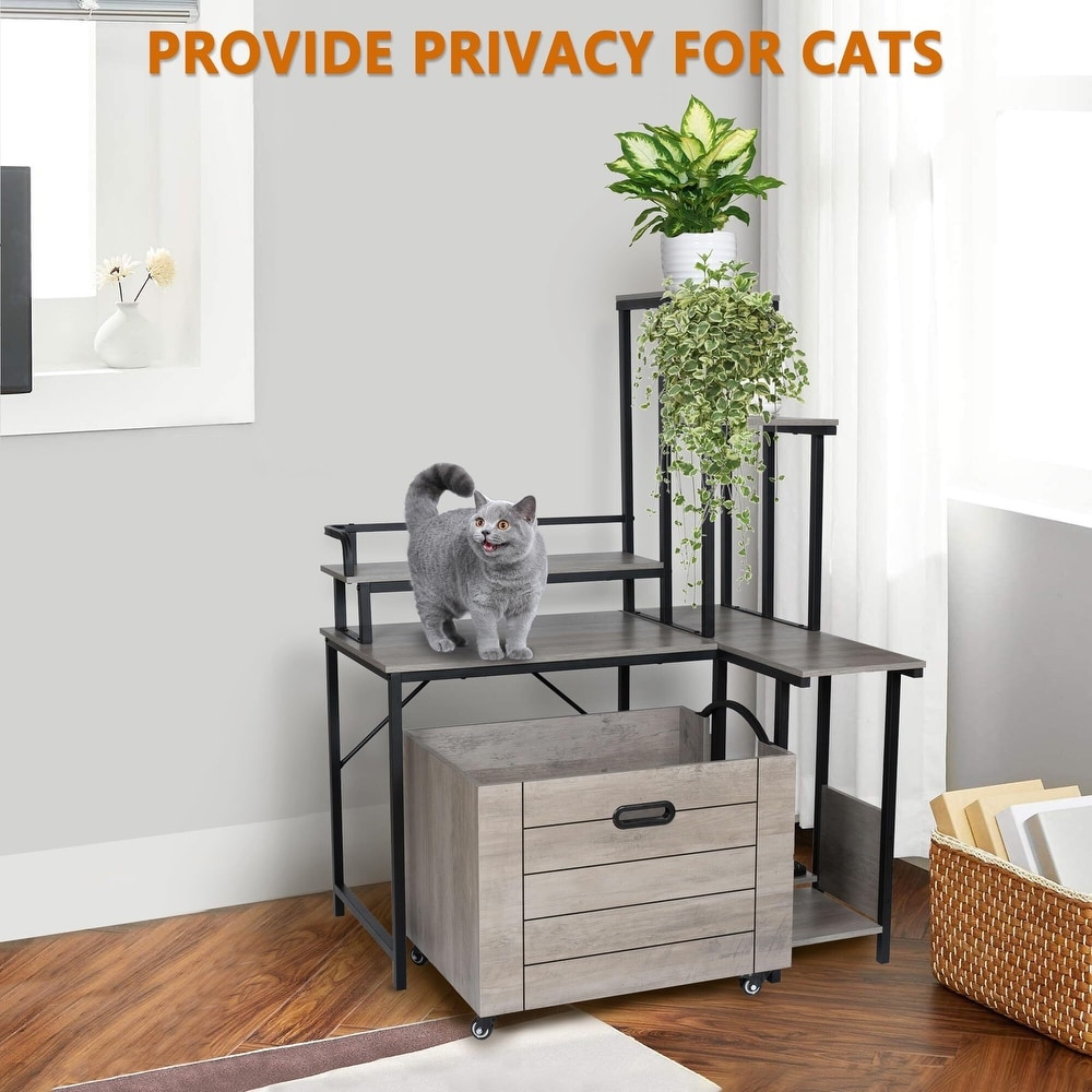 Cat Litter Box Enclosure Furniture with Flower Stand