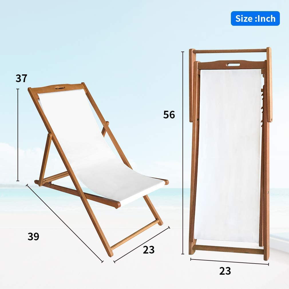 Adjustable Beach Sling Chair Set of 2 Folding Patio Lounge Chairs for Outside Solid Eucalyptus Wood Frame with White Polyester， Weight Capacity 352lbs