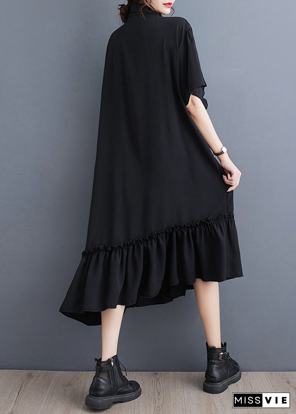 Style Black Ruffled Patchwork Cotton Shirt Dresses Summer