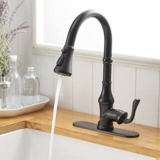 FORCLOVER Single Handle Gooseneck 3 Spray High Arc Pull Down Sprayer Kitchen Faucet with Deck Plate in Matte Black FRIMFYT11MB