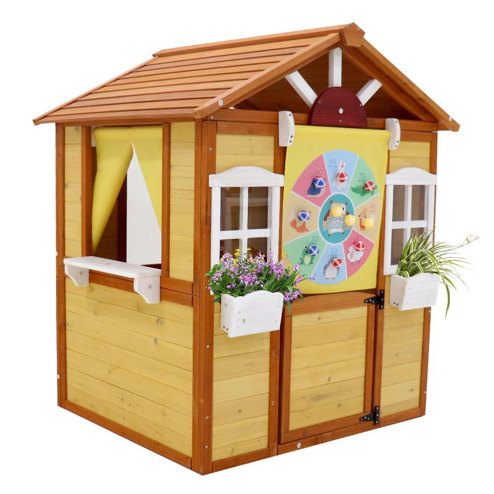 Natural Outdoor Wood Playhouse with Working Doors Windows LN20233338