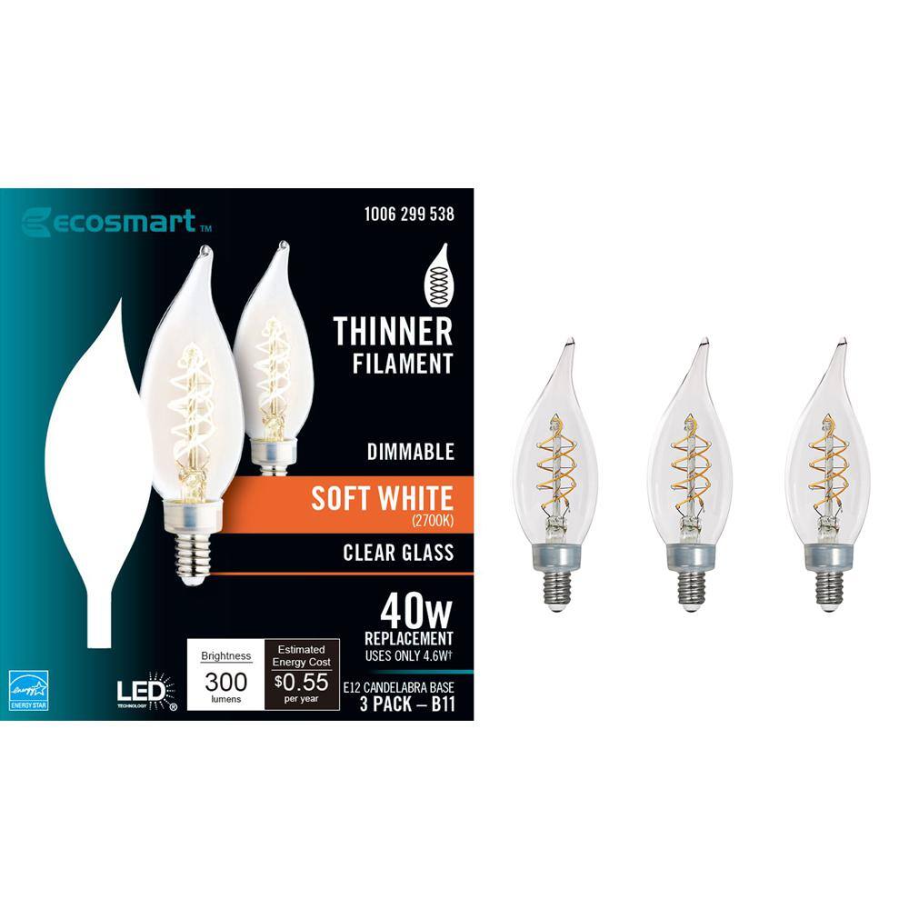 EcoSmart 40-Watt Equivalent BA11 Dimmable Candelabra E12 Fine Bendy Filament LED Vintage Edison Light Bulb Soft White (3-Pack) BA11C5E12827S