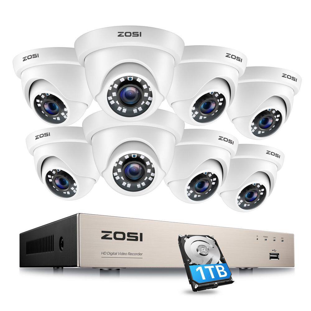 ZOSI 8-Channel 1080p 1TB Hard Drive DVR Security Camera System with 8-Wired Dome Cameras 8MN-418B8S-10US