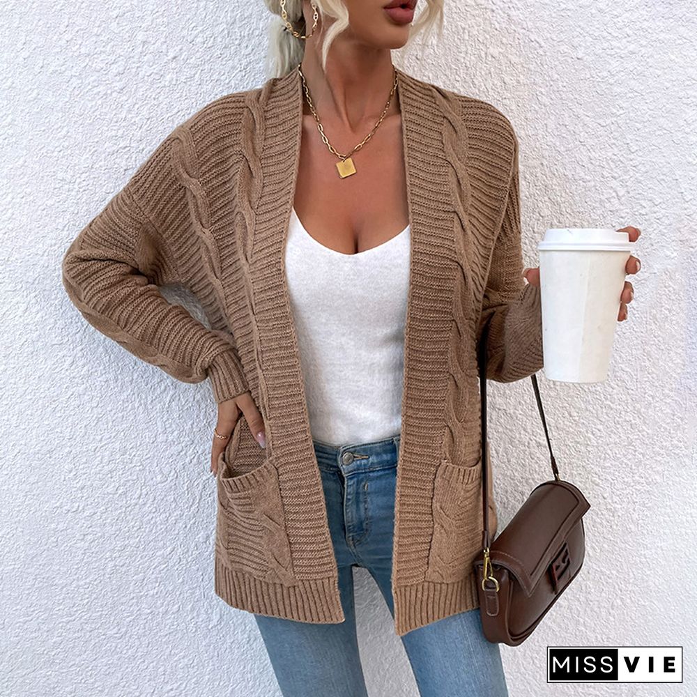 Elegant Knitted Sweater Coat Women Cardigans Autumn2022 New Winter Twist Midi Pocket Knitted Cardigan Female Sweater Jacket Full