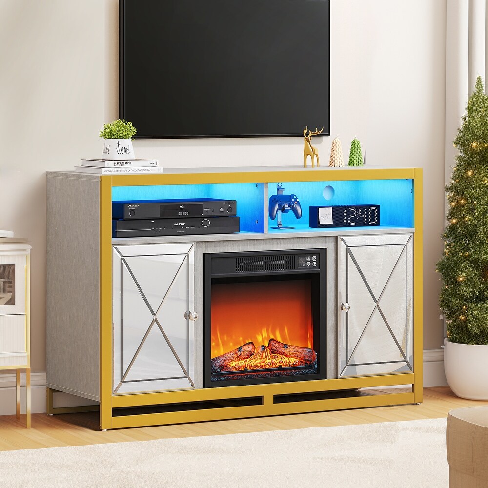 Moasis Mirrored TV Stand with Electric Fireplace for TVs up to 65 inch