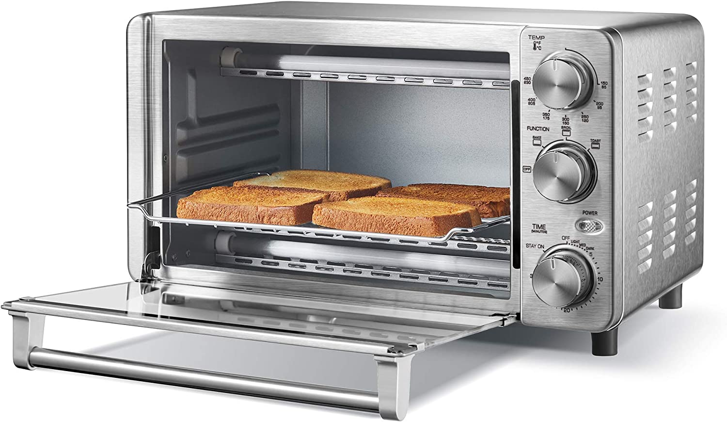 COMFEE' 4 Slice Small Toaster Oven Countertop， 12L with 30-Minute Timer， 3-In-One， Bake， Broil， Toast， 1100 Watts， Dual heating element， Stainless Steel(CFO-BG12(SS))