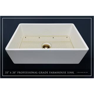 Fossil Blu Luxury White Solid Fireclay 33 in. Single Bowl Farmhouse Apron Kitchen Sink with Matte Gold Accs and Flat Front WHS1002BB