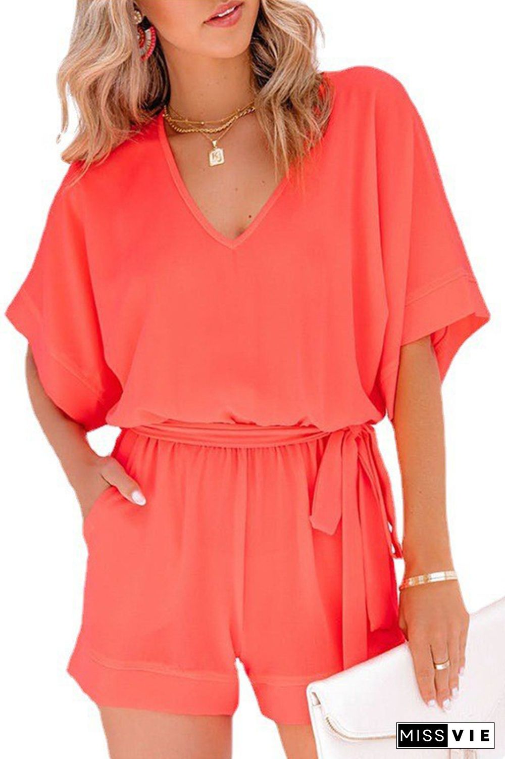 V-neck Short Sleeve Tie Waist Romper Wholesale