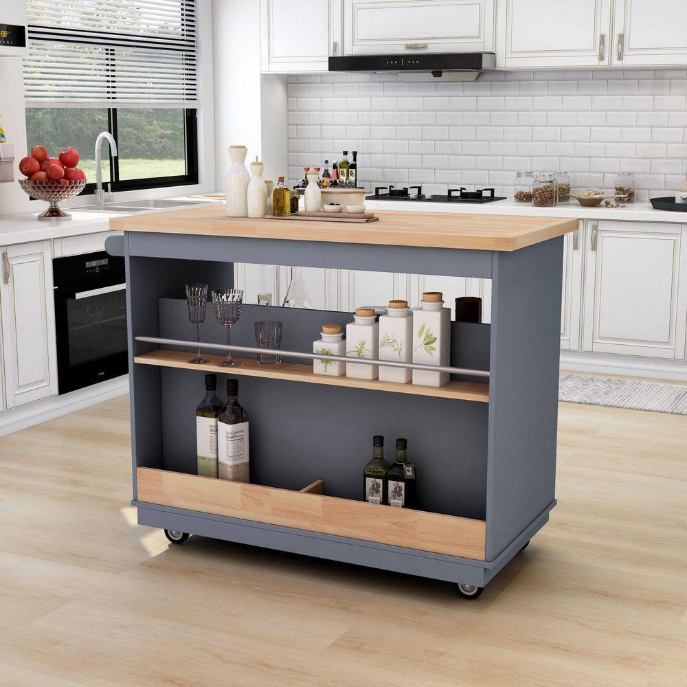 Runesay Gray Blue Rolling Mobile Kitchen Island Cart Solid Wood Top with 2-Drawer Tableware Cabinet and Spice Wine Towel Rack EC-KIGB-952