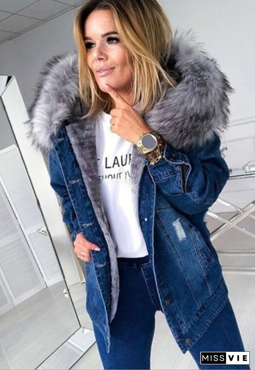 Women Winter Coat Faxu Fur Hooded Jackets Denim Jean Winter Jackets Oversized Fur Collar Denim Coat Casual Ripped Button Jacket Down Thick Denim Jacket Outwear Plus Size