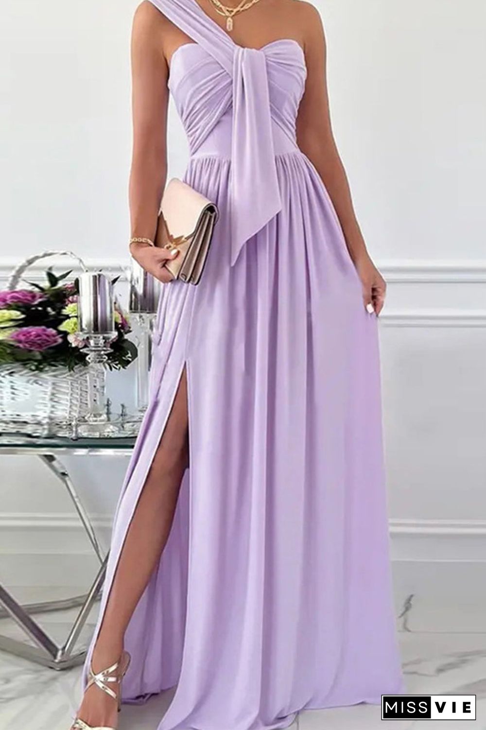 Elegant Formal Solid Asymmetrical Solid Color One Shoulder Irregular Dress Dresses(7 Colors)