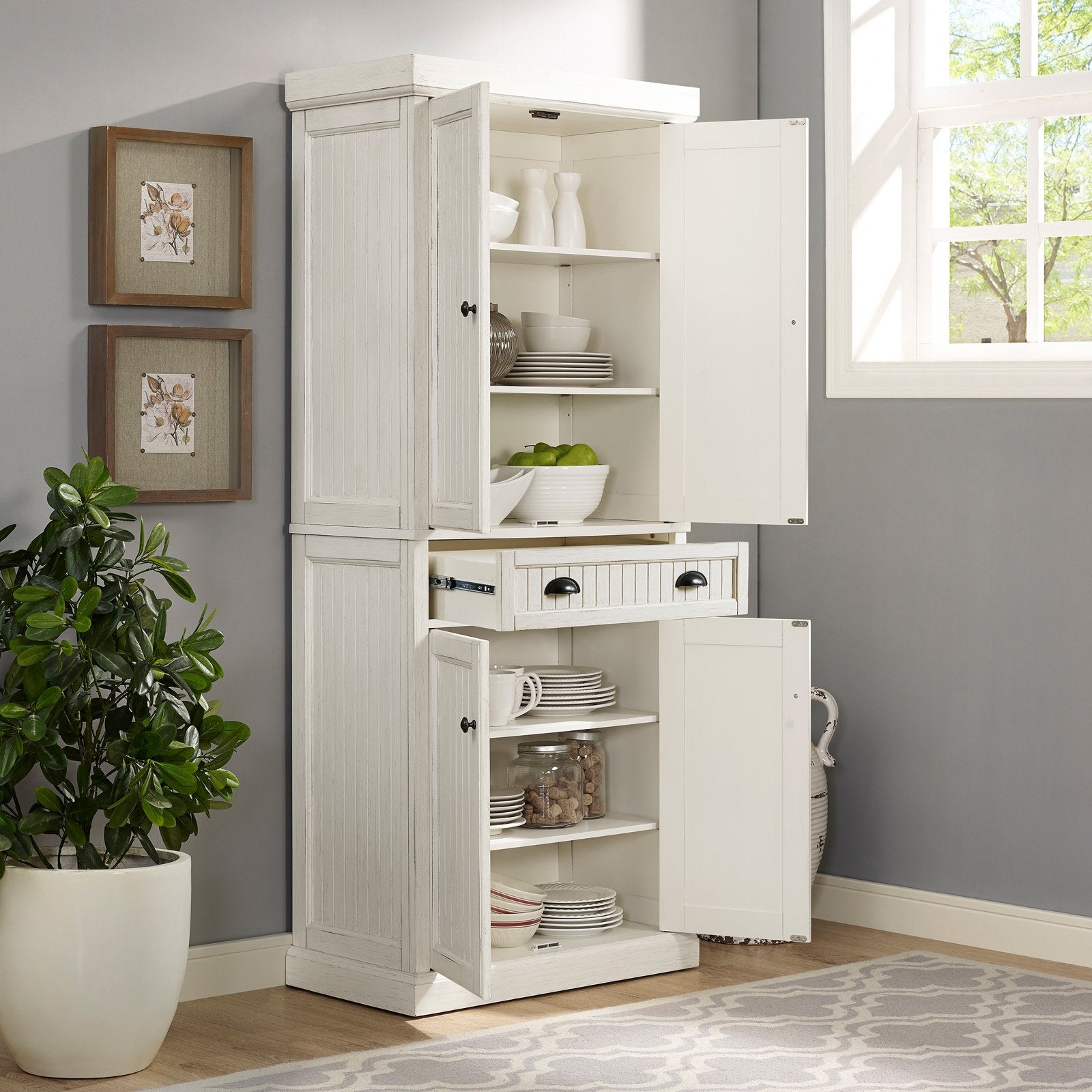 Crosley Furniture Seaside 72'' Kitchen Pantry Distressed White Finish