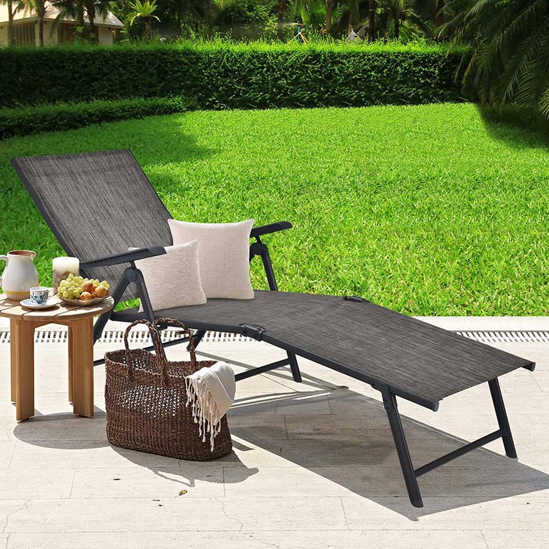 2 Pcs Folding Chaise Lounge Chair with 5-Position Backrest & 2-Position Footrest, Fabric Seat Sun Lounger for Pool Deck Beach