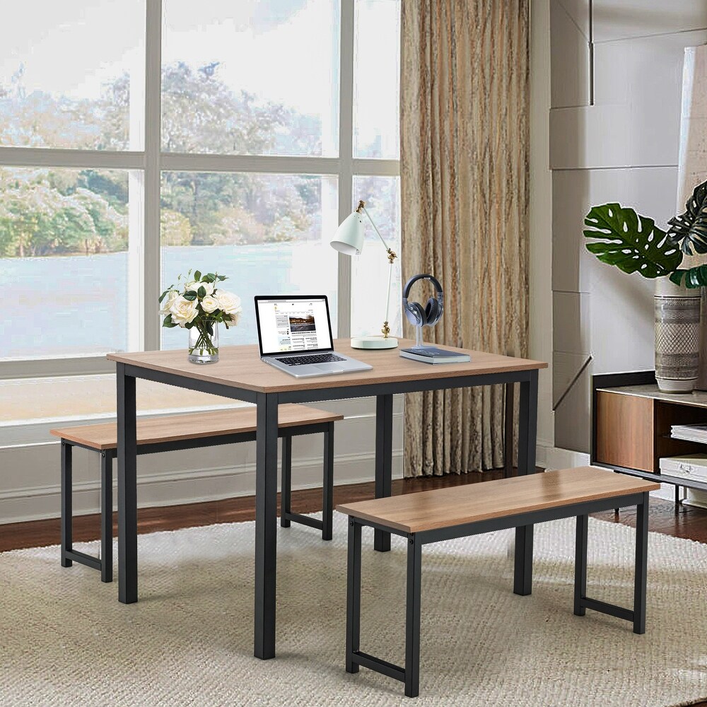 Gymax Modern 3 PCS Dining Table Bench Set w/ Metal Frame   Wooden