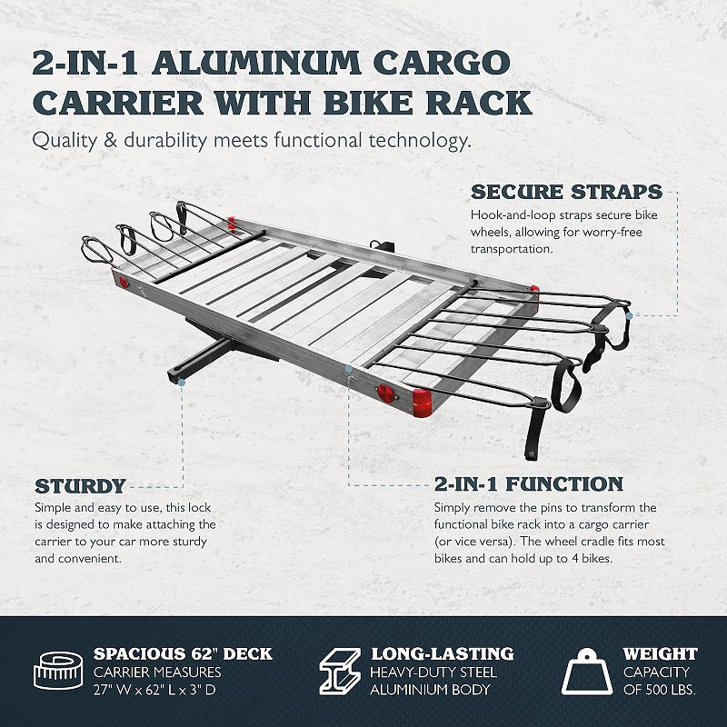 Tow Tuff TTF-2762ACBR Heavy Duty 2-in-1 Aluminum Cargo Carrier with Bike Rack