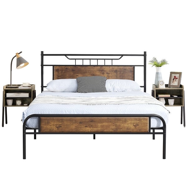 Taomika Industrial 3-pieces Bed and Modern Nightstands Set - - 35162740